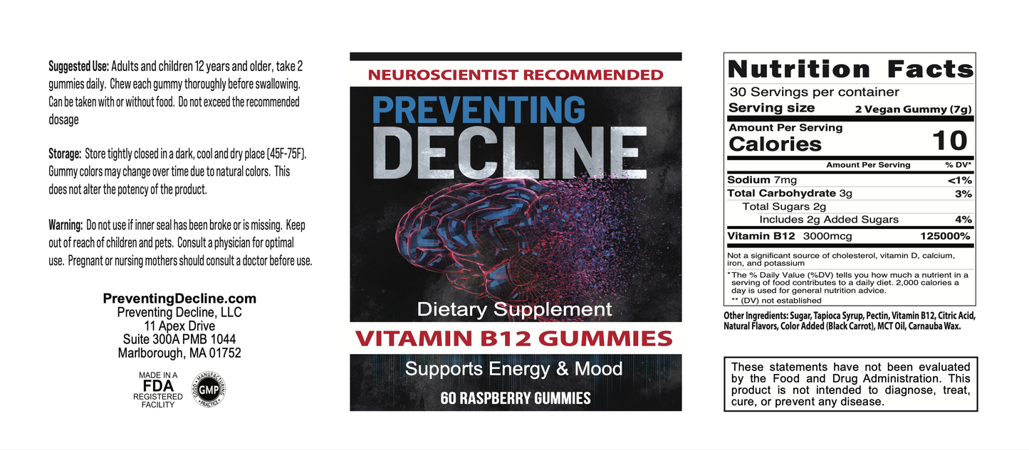 Vitamin B12 Gummies, Raspberry Flavor, Dietary Supplement for Brain Health, 60 Day Supply.