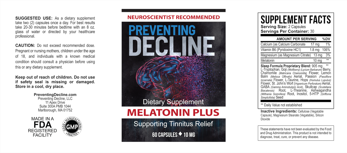 Melatonin Plus 10mg, Dietary Supplement for Tinnitus Relief, 30 Day Supply.