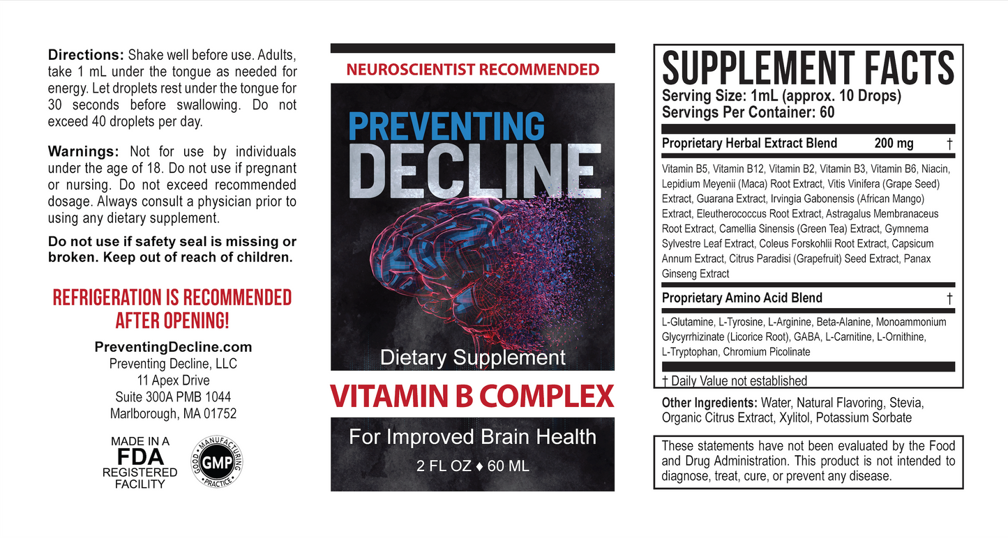 Vitamin B Complex 2 FL OZ, Dietary Supplement for Brain Health, 60 Day Supply.