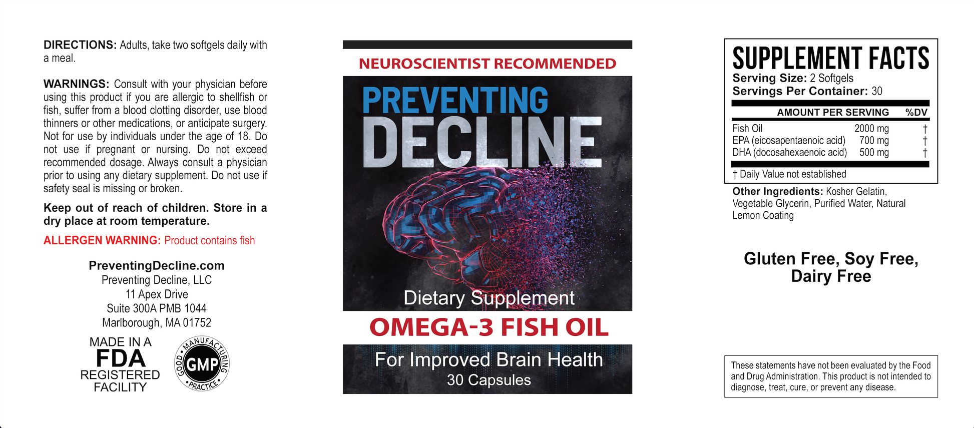 Omega-3 Fish Oil 2000mg, Dietary Supplement for Brain Health Support, 30 Day Supply.